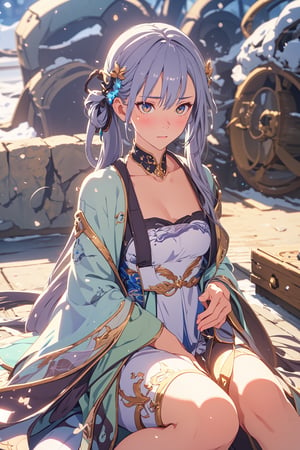 Jinhsi, 1girl, Solo, Long Silver Hair, Twin Tail Hairstyle , White Eyes, Chinese Cloth, Blushing, lie down on the snow, Cow Boy Shot, split leg, Cold wind effect, old city zone, snow season, battle field, ((Best quality)), ((masterpiece)), 3D, HDR (High Dynamic Range),Ray Tracing, NVIDIA RTX, Super-Resolution, Unreal 5,Subsurface scattering, PBR Texturing, Post-processing, Anisotropic Filtering, Depth-of-field, Maximum clarity and sharpness, Multi-layered textures, Albedo and Specular maps, Surface shading, Accurate simulation of light-material interaction, Perfect proportions, Octane Render, Two-tone lighting, Wide aperture, Low ISO, White balance, Rule of thirds,8K RAW, Aura, masterpiece, best quality, Mysterious expression, magical effects like sparkles or energy, flowing robes or enchanting attire, mechanic creatures or mystical background, rim lighting, side lighting, cinematic light, ultra high res, 8k uhd, film grain, best shadow, delicate, RAW, light particles, detailed skin texture, detailed cloth texture, beautiful face, (masterpiece), best quality, expressive eyes, perfect face,