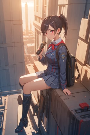 1girl, School Girl, Red Eyes, Short Ponytail black Hair, Red Ribbon, Student Uniform Outfit, Uniform Short Skirt, Kneesock , Black Stocking, Armor Thick Boot , School Bag, Left Leg Bag, Funnel, Remote Weapon, Sit on the water tank on the roof top of building, look beyond the sky , massive sky building in the background , Sunset Time, ((Best quality)), ((masterpiece)), 3D, HDR (High Dynamic Range),Ray Tracing, NVIDIA RTX, Super-Resolution, Unreal 5,Subsurface scattering, PBR Texturing, Post-processing, Anisotropic Filtering, Depth-of-field, Maximum clarity and sharpness, Multi-layered textures, Albedo and Specular maps, Surface shading, Accurate simulation of light-material interaction, Perfect proportions, Octane Render, Two-tone lighting, Wide aperture, Low ISO, White balance, Rule of thirds,8K RAW, Aura, masterpiece, best quality, Mysterious expression, magical effects like sparkles or energy, flowing robes or enchanting attire, mechanic creatures or mystical background, rim lighting, side lighting, cinematic light, ultra high res, 8k uhd, film grain, best shadow, delicate, RAW, light particles, detailed skin texture, detailed cloth texture, beautiful face, (masterpiece), best quality, expressive eyes, perfect face,