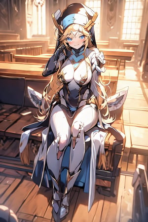 1 girl, Nun hat, long bread blond hair, blue eyes, smile, white ligerie, black armor gloves, white panty, church room, outside, white armor boot, lie down on table, 8k, high res, , 2 hands, bare leg, bare, nun garb, chest, big chest, big breast, holy staff