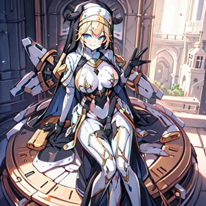 1 girl, Nun hat, long bread blond hair, blue eyes, smile, white ligerie, black armor gloves, white panty, church room, outside, white armor boot, lie down on table, 8k, high res, , 2 hands, bare leg, bare, nun garb, chest, big chest, big breast, 