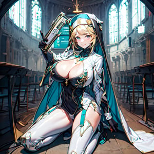 1 girl, Nun hat, long bread blond hair, blue eyes, smile, white ligerie, black armor gloves, white panty, church room, outside, white armor boot, 8k, high res, , 2 hands, bare leg, bare, nun garb, chest, big chest, big breast, ,High detailed ,phRem,phyami,