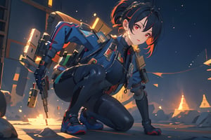 1girl, Policewoman, Zhu Yuan, Red Eyes, Ponytail Black Hair, Red Hair Strip, Hair Accessory , Blue Jacket , White Shirt, Black Rubber suit, Skinsuit, Black Leg , Shoulder Armor ,Blue Shoe, Sexy Pose, Black glove , Good Detail Hand Expresionless Face , on one knee, battle ready stace, behind the cover, lift the gun ,massive sky building in the background , Sunset Time, ((Best quality)), ((masterpiece)), 3D, HDR (High Dynamic Range),Ray Tracing, NVIDIA RTX, Super-Resolution, Unreal 5,Subsurface scattering, PBR Texturing, Post-processing, Anisotropic Filtering, Depth-of-field, Maximum clarity and sharpness, Multi-layered textures, Albedo and Specular maps, Surface shading, Accurate simulation of light-material interaction, Perfect proportions, Octane Render, Two-tone lighting, Wide aperture, Low ISO, White balance, Rule of thirds,8K RAW, Aura, masterpiece, best quality, Mysterious expression, magical effects like sparkles or energy, flowing robes or enchanting attire, mechanic creatures or mystical background, rim lighting, side lighting, cinematic light, ultra high res, 8k uhd, film grain, best shadow, delicate, RAW, light particles, detailed skin texture, detailed cloth texture, beautiful face, (masterpiece), best quality, expressive eyes, perfect face,