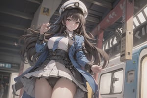 A mature waist long loose drak brown Hair style Girl with heavy machine gun , lovely smile, straw berry loli pop, blue cap, Blue jacket shirt, blue necktie, white shirt, white skirt, white panty, Heavy Gun, Railway, Train Station, ((Best quality)), ((masterpiece)), 3D, HDR (High Dynamic Range),Ray Tracing, NVIDIA RTX, Super-Resolution, Unreal 5,Subsurface scattering, PBR Texturing, Post-processing, Anisotropic Filtering, Depth-of-field, Maximum clarity and sharpness, Multi-layered textures, Albedo and Specular maps, Surface shading, Accurate simulation of light-material interaction, Perfect proportions, Octane Render, Two-tone lighting, Wide aperture, Low ISO, White balance, Rule of thirds,8K RAW, Aura, masterpiece, best quality, Mysterious expression, magical effects like sparkles or energy, flowing robes or enchanting attire, mechanic creatures or mystical background, rim lighting, side lighting, cinematic light, ultra high res, 8k uhd, film grain, best shadow, delicate, RAW, light particles, detailed skin texture, detailed cloth texture, beautiful face, (masterpiece), best quality, expressive eyes, perfect face,Mechanical_tentacles,momo_burlesque,diesel \(nikke\)