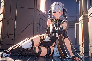 Jinhsi, 1girl, Solo, Long Silver Hair, Twin Tail Hairstyle , White Eyes, Chinese Cloth, Blushing, lie down on the snow, Cow Boy Shot, split leg, Cold wind effect, old city zone, snow season, battle field, ((Best quality)), ((masterpiece)), 3D, HDR (High Dynamic Range),Ray Tracing, NVIDIA RTX, Super-Resolution, Unreal 5,Subsurface scattering, PBR Texturing, Post-processing, Anisotropic Filtering, Depth-of-field, Maximum clarity and sharpness, Multi-layered textures, Albedo and Specular maps, Surface shading, Accurate simulation of light-material interaction, Perfect proportions, Octane Render, Two-tone lighting, Wide aperture, Low ISO, White balance, Rule of thirds,8K RAW, Aura, masterpiece, best quality, Mysterious expression, magical effects like sparkles or energy, flowing robes or enchanting attire, mechanic creatures or mystical background, rim lighting, side lighting, cinematic light, ultra high res, 8k uhd, film grain, best shadow, delicate, RAW, light particles, detailed skin texture, detailed cloth texture, beautiful face, (masterpiece), best quality, expressive eyes, perfect face,