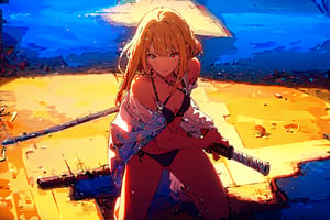 Cha Hae in , Short Blond Hair, Red Eyes, Red Swimsuit  , Red Bikini , Shy Expression. Blushing, on the beach sand, battoujutsu, Near the sea, ((Best quality)), ((masterpiece)), 3D, HDR (High Dynamic Range),Ray Tracing, NVIDIA RTX, Super-Resolution, Unreal 5,Subsurface scattering, PBR Texturing, Post-processing, Anisotropic Filtering, Depth-of-field, Maximum clarity and sharpness, Multi-layered textures, Albedo and Specular maps, Surface shading, Accurate simulation of light-material interaction, Perfect proportions, Octane Render, Two-tone lighting, Wide aperture, Low ISO, White balance, Rule of thirds,8K RAW, Aura, masterpiece, best quality, Mysterious expression, magical effects like sparkles or energy, flowing robes or enchanting attire, mechanic creatures or mystical background, rim lighting, side lighting, cinematic light, ultra high res, 8k uhd, film grain, best shadow, delicate, RAW, light particles, detailed skin texture, detailed cloth texture, beautiful face, (masterpiece), best quality, expressive eyes, perfect face,nikkeredhood,hair over one eye,marian, shirt,ChopioChaHaeIn,ChaHae-in,jack,battoujutsu,surtr swimsuit