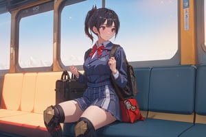 1girl, School Girl, Red Eyes, Short Ponytail black Hair, Red Ribbon, Student Uniform Outfit, Uniform Short Skirt, Kneesock , Black Stocking, Armor Thick Boot , School Bag, Left Leg Bag, on the train, sitting on the passenger chair among the crowd , many people around, massive sky building in the background , Sunset Time, ((Best quality)), ((masterpiece)), 3D, HDR (High Dynamic Range),Ray Tracing, NVIDIA RTX, Super-Resolution, Unreal 5,Subsurface scattering, PBR Texturing, Post-processing, Anisotropic Filtering, Depth-of-field, Maximum clarity and sharpness, Multi-layered textures, Albedo and Specular maps, Surface shading, Accurate simulation of light-material interaction, Perfect proportions, Octane Render, Two-tone lighting, Wide aperture, Low ISO, White balance, Rule of thirds,8K RAW, Aura, masterpiece, best quality, Mysterious expression, magical effects like sparkles or energy, flowing robes or enchanting attire, mechanic creatures or mystical background, rim lighting, side lighting, cinematic light, ultra high res, 8k uhd, film grain, best shadow, delicate, RAW, light particles, detailed skin texture, detailed cloth texture, beautiful face, (masterpiece), best quality, expressive eyes, perfect face,