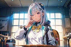 A Girl ,  Silver Hair, Pink Eyes, nikkeadmi , pleated skirt, plaid, hair ornament, sweater vest, white jacket, yellow bowtie, backpack, white socks, Dining Hall , School , City , ((Best quality)), ((masterpiece)), 3D, HDR (High Dynamic Range),Ray Tracing, NVIDIA RTX, Super-Resolution, Unreal 5,Subsurface scattering, PBR Texturing, Post-processing, Anisotropic Filtering, Depth-of-field, Maximum clarity and sharpness, Multi-layered textures, Albedo and Specular maps, Surface shading, Accurate simulation of light-material interaction, Perfect proportions, Octane Render, Two-tone lighting, Wide aperture, Low ISO, White balance, Rule of thirds,8K RAW, Aura, masterpiece, best quality, Mysterious expression, magical effects like sparkles or energy, flowing robes or enchanting attire, mechanic creatures or mystical background, rim lighting, side lighting, cinematic light, ultra high res, 8k uhd, film grain, best shadow, delicate, RAW, light particles, detailed skin texture, detailed cloth texture, beautiful face, (masterpiece), best quality, expressive eyes, perfect face,nikkeredhood,hair over one eye,marian,Scarlet (nikke),hellsparadise style,fuyumi,exiadef,tove,NIKKE GODDESS OF VICTORY, headgear,SnowWonder,momo_burlesque,juliadef,nikkeadmi