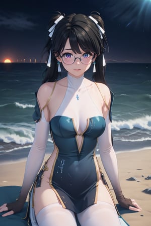 1girl, Zhenzhi, Black Hair, Long Twintail hairstyle, Twin White Ribbon on Hair ,Glasses, Pink Eyes, Chinese Dress, Bare shoulder, white Arm lenght skintight gloves ,Fullbody white leg stocking, black shoe , lie down on the beach sand, Cowboy shot, seaside beach, tourist sign around , Blue Sky , Sunset Time, ((Best quality)), ((masterpiece)), 3D, HDR (High Dynamic Range),Ray Tracing, NVIDIA RTX, Super-Resolution, Unreal 5,Subsurface scattering, PBR Texturing, Post-processing, Anisotropic Filtering, Depth-of-field, Maximum clarity and sharpness, Multi-layered textures, Albedo and Specular maps, Surface shading, Accurate simulation of light-material interaction, Perfect proportions, Octane Render, Two-tone lighting, Wide aperture, Low ISO, White balance, Rule of thirds,8K RAW, Aura, masterpiece, best quality, Mysterious expression, magical effects like sparkles or energy, flowing robes or enchanting attire, mechanic creatures or mystical background, rim lighting, side lighting, cinematic light, ultra high res, 8k uhd, film grain, best shadow, delicate, RAW, light particles, detailed skin texture, detailed cloth texture, beautiful face, (masterpiece), best quality, expressive eyes, perfect face,