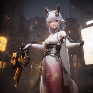 an alone mature girl, long red slice gray hair style, yellow eye, standing, china city, night time, high detail mature face, headgear,bare shoulder, china dress, white glove, black boot, black stocking, high res, ultra sharp, 8k, masterpiece, smiling, weapon, fantasy world, magical radiance background ((Best quality)), ((masterpiece)), 3D, HDR (High Dynamic Range),Ray Tracing, NVIDIA RTX, Super-Resolution, Unreal 5,Subsurface scattering, PBR Texturing, Post-processing, Anisotropic Filtering, Depth-of-field, Maximum clarity and sharpness, Multi-layered textures, Albedo and Specular maps, Surface shading, Accurate simulation of light-material interaction, Perfect proportions, Octane Render, Two-tone lighting, Wide aperture, Low ISO, White balance, Rule of thirds,8K RAW, Aura, masterpiece, best quality, Mysterious expression, magical effects like sparkles or energy, flowing robes or enchanting attire, mechanic creatures or mystical background, rim lighting, side lighting, cinematic light, ultra high res, 8k uhd, film grain, best shadow, delicate, RAW, light particles, detailed skin texture, detailed cloth texture, beautiful face, (masterpiece), best quality, expressive eyes, perfect face,1 girl,Big eyes,atdan,makima\(chainsaw man\)