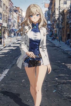 Alicia ,1girl, Solo, Blond Hair, long wavy hairstyle, blue eyes , earring, brooch, white outer suit, white short skirt, Blue inner Shirt, white dress shoe , Shy Expression. Blushing, stand among people, on the road, capital city as background, ((Best quality)), ((masterpiece)), 3D, HDR (High Dynamic Range),Ray Tracing, NVIDIA RTX, Super-Resolution, Unreal 5,Subsurface scattering, PBR Texturing, Post-processing, Anisotropic Filtering, Depth-of-field, Maximum clarity and sharpness, Multi-layered textures, Albedo and Specular maps, Surface shading, Accurate simulation of light-material interaction, Perfect proportions, Octane Render, Two-tone lighting, Wide aperture, Low ISO, White balance, Rule of thirds,8K RAW, Aura, masterpiece, best quality, Mysterious expression, magical effects like sparkles or energy, flowing robes or enchanting attire, mechanic creatures or mystical background, rim lighting, side lighting, cinematic light, ultra high res, 8k uhd, film grain, best shadow, delicate, RAW, light particles, detailed skin texture, detailed cloth texture, beautiful face, (masterpiece), best quality, expressive eyes, perfect face,nikkeredhood,hair over one eye,marian, shirt,ChopioChaHaeIn,ChaHae-in,jack,battoujutsu,surtr swimsuit,cha hae-in,LeeJoohee,shaft head tilt,ChopioLeeJoohee,Alicia,anime