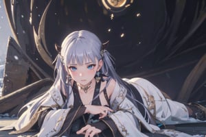 Jinhsi, 1girl, Solo, Long Silver Hair, Twin Tail Hairstyle , White Eyes, White Robe, Black Cloth, White Skirt, Long White boot, Blushing, lie down on the snow, Cow Boy Shot, split leg, Cold wind effect, old city zone, snow season, battle field, ((Best quality)), ((masterpiece)), 3D, HDR (High Dynamic Range),Ray Tracing, NVIDIA RTX, Super-Resolution, Unreal 5,Subsurface scattering, PBR Texturing, Post-processing, Anisotropic Filtering, Depth-of-field, Maximum clarity and sharpness, Multi-layered textures, Albedo and Specular maps, Surface shading, Accurate simulation of light-material interaction, Perfect proportions, Octane Render, Two-tone lighting, Wide aperture, Low ISO, White balance, Rule of thirds,8K RAW, Aura, masterpiece, best quality, Mysterious expression, magical effects like sparkles or energy, flowing robes or enchanting attire, mechanic creatures or mystical background, rim lighting, side lighting, cinematic light, ultra high res, 8k uhd, film grain, best shadow, delicate, RAW, light particles, detailed skin texture, detailed cloth texture, beautiful face, (masterpiece), best quality, expressive eyes, perfect face,