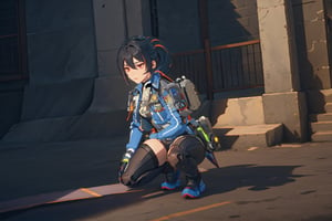 1girl, Policewoman, Zhu Yuan, Red Eyes, Ponytail Black Hair, Red Hair Strip, Hair Accessory , Blue Jacket , White Shirt, Black Rubber suit, Skinsuit, Black Leg , Shoulder Armor ,Blue Shoe, Sexy Pose, Black glove , Good Detail Hand Expresionless Face , on one knee, battle ready stace, behind the cover, lift the gun ,massive sky building in the background , Sunset Time, ((Best quality)), ((masterpiece)), 3D, HDR (High Dynamic Range),Ray Tracing, NVIDIA RTX, Super-Resolution, Unreal 5,Subsurface scattering, PBR Texturing, Post-processing, Anisotropic Filtering, Depth-of-field, Maximum clarity and sharpness, Multi-layered textures, Albedo and Specular maps, Surface shading, Accurate simulation of light-material interaction, Perfect proportions, Octane Render, Two-tone lighting, Wide aperture, Low ISO, White balance, Rule of thirds,8K RAW, Aura, masterpiece, best quality, Mysterious expression, magical effects like sparkles or energy, flowing robes or enchanting attire, mechanic creatures or mystical background, rim lighting, side lighting, cinematic light, ultra high res, 8k uhd, film grain, best shadow, delicate, RAW, light particles, detailed skin texture, detailed cloth texture, beautiful face, (masterpiece), best quality, expressive eyes, perfect face,