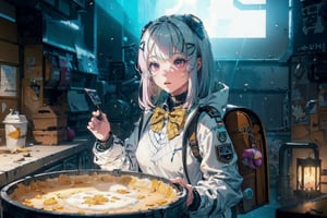 A Girl ,  Silver Hair, Pink Eyes, nikkeadmi , pleated skirt, plaid, hair ornament, sweater vest, white jacket, yellow bowtie, backpack, white socks, Dining Hall , School , City , ((Best quality)), ((masterpiece)), 3D, HDR (High Dynamic Range),Ray Tracing, NVIDIA RTX, Super-Resolution, Unreal 5,Subsurface scattering, PBR Texturing, Post-processing, Anisotropic Filtering, Depth-of-field, Maximum clarity and sharpness, Multi-layered textures, Albedo and Specular maps, Surface shading, Accurate simulation of light-material interaction, Perfect proportions, Octane Render, Two-tone lighting, Wide aperture, Low ISO, White balance, Rule of thirds,8K RAW, Aura, masterpiece, best quality, Mysterious expression, magical effects like sparkles or energy, flowing robes or enchanting attire, mechanic creatures or mystical background, rim lighting, side lighting, cinematic light, ultra high res, 8k uhd, film grain, best shadow, delicate, RAW, light particles, detailed skin texture, detailed cloth texture, beautiful face, (masterpiece), best quality, expressive eyes, perfect face,nikkeredhood,hair over one eye,marian,Scarlet (nikke),hellsparadise style,fuyumi,exiadef,tove,NIKKE GODDESS OF VICTORY, headgear,SnowWonder,momo_burlesque,juliadef,nikkeadmi