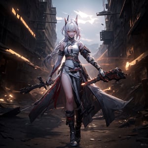 an alone mature girl, long red slice gray hair style, yellow eye, standing, china city, night time, high detail mature face, headgear,bare shoulder, china dress, white glove, black boot, black stocking, high res, ultra sharp, 8k, masterpiece, smiling, weapon, fantasy world, magical radiance background ((Best quality)), ((masterpiece)), 3D, HDR (High Dynamic Range),Ray Tracing, NVIDIA RTX, Super-Resolution, Unreal 5,Subsurface scattering, PBR Texturing, Post-processing, Anisotropic Filtering, Depth-of-field, Maximum clarity and sharpness, Multi-layered textures, Albedo and Specular maps, Surface shading, Accurate simulation of light-material interaction, Perfect proportions, Octane Render, Two-tone lighting, Wide aperture, Low ISO, White balance, Rule of thirds,8K RAW, Aura, masterpiece, best quality, Mysterious expression, magical effects like sparkles or energy, flowing robes or enchanting attire, mechanic creatures or mystical background, rim lighting, side lighting, cinematic light, ultra high res, 8k uhd, film grain, best shadow, delicate, RAW, light particles, detailed skin texture, detailed cloth texture, beautiful face, (masterpiece), best quality, expressive eyes, perfect face,1 girl,alpha