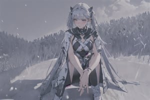 Jinhsi, 1girl, Solo, Long Silver Hair, Twin Tail Hairstyle , White Eyes, White Robe, Black Cloth, White Skirt, Long White boot, Blushing, Sit on the snow, Cow Boy Shot, Cold wind effect, old city zone, snow season, battle field, ((Best quality)), ((masterpiece)), 3D, HDR (High Dynamic Range),Ray Tracing, NVIDIA RTX, Super-Resolution, Unreal 5,Subsurface scattering, PBR Texturing, Post-processing, Anisotropic Filtering, Depth-of-field, Maximum clarity and sharpness, Multi-layered textures, Albedo and Specular maps, Surface shading, Accurate simulation of light-material interaction, Perfect proportions, Octane Render, Two-tone lighting, Wide aperture, Low ISO, White balance, Rule of thirds,8K RAW, Aura, masterpiece, best quality, Mysterious expression, magical effects like sparkles or energy, flowing robes or enchanting attire, mechanic creatures or mystical background, rim lighting, side lighting, cinematic light, ultra high res, 8k uhd, film grain, best shadow, delicate, RAW, light particles, detailed skin texture, detailed cloth texture, beautiful face, (masterpiece), best quality, expressive eyes, perfect face,