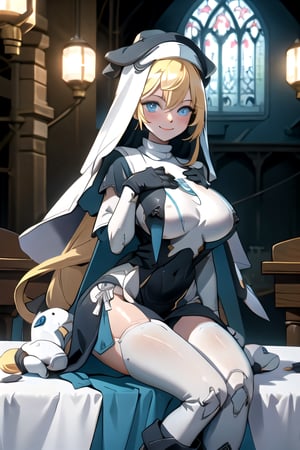 1 girl, Nun hat, long bread blond hair, blue eyes, smile, white ligerie, black armor gloves, white panty, church room, outside, white armor boot, lie down on table, 8k, high res, , 2 hands, bare leg, bare, nun garb, chest, big chest, big breast, ,High detailed ,phRem,phyami