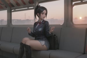 1girl, School Girl, Red Eyes, Short Ponytail black Hair, Red Ribbon, Student Uniform Outfit, Uniform Short Skirt, Kneesock , Black Stocking, Armor Thick Boot , School Bag, Left Leg Bag, on the train, sitting on the passenger chair among the crowd , many people around, massive sky building in the background , Sunset Time, ((Best quality)), ((masterpiece)), 3D, HDR (High Dynamic Range),Ray Tracing, NVIDIA RTX, Super-Resolution, Unreal 5,Subsurface scattering, PBR Texturing, Post-processing, Anisotropic Filtering, Depth-of-field, Maximum clarity and sharpness, Multi-layered textures, Albedo and Specular maps, Surface shading, Accurate simulation of light-material interaction, Perfect proportions, Octane Render, Two-tone lighting, Wide aperture, Low ISO, White balance, Rule of thirds,8K RAW, Aura, masterpiece, best quality, Mysterious expression, magical effects like sparkles or energy, flowing robes or enchanting attire, mechanic creatures or mystical background, rim lighting, side lighting, cinematic light, ultra high res, 8k uhd, film grain, best shadow, delicate, RAW, light particles, detailed skin texture, detailed cloth texture, beautiful face, (masterpiece), best quality, expressive eyes, perfect face,