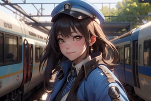 A mature waist long loose drak brown Hair style Girl with heavy machine gun , lovely smile, straw berry loli pop, blue cap, Blue jacket shirt, blue necktie, white shirt, white skirt, white panty, Heavy Gun, Railway, Train Station, ((Best quality)), ((masterpiece)), 3D, HDR (High Dynamic Range),Ray Tracing, NVIDIA RTX, Super-Resolution, Unreal 5,Subsurface scattering, PBR Texturing, Post-processing, Anisotropic Filtering, Depth-of-field, Maximum clarity and sharpness, Multi-layered textures, Albedo and Specular maps, Surface shading, Accurate simulation of light-material interaction, Perfect proportions, Octane Render, Two-tone lighting, Wide aperture, Low ISO, White balance, Rule of thirds,8K RAW, Aura, masterpiece, best quality, Mysterious expression, magical effects like sparkles or energy, flowing robes or enchanting attire, mechanic creatures or mystical background, rim lighting, side lighting, cinematic light, ultra high res, 8k uhd, film grain, best shadow, delicate, RAW, light particles, detailed skin texture, detailed cloth texture, beautiful face, (masterpiece), best quality, expressive eyes, perfect face,Mechanical_tentacles,momo_burlesque,diesel \(nikke\)