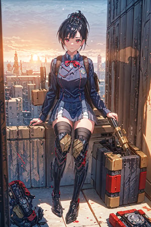 1girl, School Girl, Red Eyes, Short Ponytail black Hair, Red Ribbon, Student Uniform Outfit, Uniform Short Skirt, Kneesock , Black Stocking, Armor Thick Boot , School Bag, Left Leg Bag, Funnel, Remote Weapon, Sit on the water tank on the roof top of building, look beyond the sky , massive sky building in the background , Sunset Time, ((Best quality)), ((masterpiece)), 3D, HDR (High Dynamic Range),Ray Tracing, NVIDIA RTX, Super-Resolution, Unreal 5,Subsurface scattering, PBR Texturing, Post-processing, Anisotropic Filtering, Depth-of-field, Maximum clarity and sharpness, Multi-layered textures, Albedo and Specular maps, Surface shading, Accurate simulation of light-material interaction, Perfect proportions, Octane Render, Two-tone lighting, Wide aperture, Low ISO, White balance, Rule of thirds,8K RAW, Aura, masterpiece, best quality, Mysterious expression, magical effects like sparkles or energy, flowing robes or enchanting attire, mechanic creatures or mystical background, rim lighting, side lighting, cinematic light, ultra high res, 8k uhd, film grain, best shadow, delicate, RAW, light particles, detailed skin texture, detailed cloth texture, beautiful face, (masterpiece), best quality, expressive eyes, perfect face,