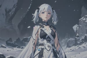 Jinhsi, 1girl, Solo, Long Silver Hair, Twin Tail Hairstyle , White Eyes, White Robe, Black Cloth, White Skirt, Long White boot, Blushing, Sit on the snow, Cow Boy Shot, Cold wind effect, old city zone, snow season, battle field, ((Best quality)), ((masterpiece)), 3D, HDR (High Dynamic Range),Ray Tracing, NVIDIA RTX, Super-Resolution, Unreal 5,Subsurface scattering, PBR Texturing, Post-processing, Anisotropic Filtering, Depth-of-field, Maximum clarity and sharpness, Multi-layered textures, Albedo and Specular maps, Surface shading, Accurate simulation of light-material interaction, Perfect proportions, Octane Render, Two-tone lighting, Wide aperture, Low ISO, White balance, Rule of thirds,8K RAW, Aura, masterpiece, best quality, Mysterious expression, magical effects like sparkles or energy, flowing robes or enchanting attire, mechanic creatures or mystical background, rim lighting, side lighting, cinematic light, ultra high res, 8k uhd, film grain, best shadow, delicate, RAW, light particles, detailed skin texture, detailed cloth texture, beautiful face, (masterpiece), best quality, expressive eyes, perfect face,