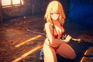 Cha Hae in , Short Blond Hair, Red Eyes, Red Swimsuit  , Red Bikini , Shy Expression. Blushing, on the beach sand, battoujutsu, Near the sea, ((Best quality)), ((masterpiece)), 3D, HDR (High Dynamic Range),Ray Tracing, NVIDIA RTX, Super-Resolution, Unreal 5,Subsurface scattering, PBR Texturing, Post-processing, Anisotropic Filtering, Depth-of-field, Maximum clarity and sharpness, Multi-layered textures, Albedo and Specular maps, Surface shading, Accurate simulation of light-material interaction, Perfect proportions, Octane Render, Two-tone lighting, Wide aperture, Low ISO, White balance, Rule of thirds,8K RAW, Aura, masterpiece, best quality, Mysterious expression, magical effects like sparkles or energy, flowing robes or enchanting attire, mechanic creatures or mystical background, rim lighting, side lighting, cinematic light, ultra high res, 8k uhd, film grain, best shadow, delicate, RAW, light particles, detailed skin texture, detailed cloth texture, beautiful face, (masterpiece), best quality, expressive eyes, perfect face,nikkeredhood,hair over one eye,marian, shirt,ChopioChaHaeIn,ChaHae-in,jack,battoujutsu