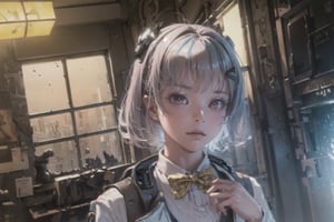 A Girl ,  Silver Hair, Pink Eyes, nikkeadmi , pleated skirt, plaid, hair ornament, sweater vest, white jacket, yellow bowtie, backpack, white socks, Dining Hall , School , City , ((Best quality)), ((masterpiece)), 3D, HDR (High Dynamic Range),Ray Tracing, NVIDIA RTX, Super-Resolution, Unreal 5,Subsurface scattering, PBR Texturing, Post-processing, Anisotropic Filtering, Depth-of-field, Maximum clarity and sharpness, Multi-layered textures, Albedo and Specular maps, Surface shading, Accurate simulation of light-material interaction, Perfect proportions, Octane Render, Two-tone lighting, Wide aperture, Low ISO, White balance, Rule of thirds,8K RAW, Aura, masterpiece, best quality, Mysterious expression, magical effects like sparkles or energy, flowing robes or enchanting attire, mechanic creatures or mystical background, rim lighting, side lighting, cinematic light, ultra high res, 8k uhd, film grain, best shadow, delicate, RAW, light particles, detailed skin texture, detailed cloth texture, beautiful face, (masterpiece), best quality, expressive eyes, perfect face,nikkeredhood,hair over one eye,marian,Scarlet (nikke),hellsparadise style,fuyumi,exiadef,tove,NIKKE GODDESS OF VICTORY, headgear,SnowWonder,momo_burlesque,juliadef,nikkeadmi