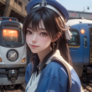 A mature waist long loose drak brown Hair style Girl with heavy machine gun , lovely smile, straw berry loli pop, blue cap, Blue jacket shirt, blue necktie, white shirt, white skirt, white panty, Heavy Gun, Railway, Train Station, ((Best quality)), ((masterpiece)), 3D, HDR (High Dynamic Range),Ray Tracing, NVIDIA RTX, Super-Resolution, Unreal 5,Subsurface scattering, PBR Texturing, Post-processing, Anisotropic Filtering, Depth-of-field, Maximum clarity and sharpness, Multi-layered textures, Albedo and Specular maps, Surface shading, Accurate simulation of light-material interaction, Perfect proportions, Octane Render, Two-tone lighting, Wide aperture, Low ISO, White balance, Rule of thirds,8K RAW, Aura, masterpiece, best quality, Mysterious expression, magical effects like sparkles or energy, flowing robes or enchanting attire, mechanic creatures or mystical background, rim lighting, side lighting, cinematic light, ultra high res, 8k uhd, film grain, best shadow, delicate, RAW, light particles, detailed skin texture, detailed cloth texture, beautiful face, (masterpiece), best quality, expressive eyes, perfect face,Mechanical_tentacles,momo_burlesque,diesel \(nikke\)