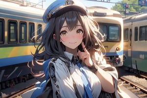 A mature waist long loose drak brown Hair style Girl with heavy machine gun , lovely smile, straw berry loli pop, blue cap, Blue jacket shirt, 5 finger, blue necktie, white shirt, white skirt, white panty, Heavy Gun, Railway, Train Station, ((Best quality)), ((masterpiece)), 3D, HDR (High Dynamic Range),Ray Tracing, NVIDIA RTX, Super-Resolution, Unreal 5,Subsurface scattering, PBR Texturing, Post-processing, Anisotropic Filtering, Depth-of-field, Maximum clarity and sharpness, Multi-layered textures, Albedo and Specular maps, Surface shading, Accurate simulation of light-material interaction, Perfect proportions, Octane Render, Two-tone lighting, Wide aperture, Low ISO, White balance, Rule of thirds,8K RAW, Aura, masterpiece, best quality, Mysterious expression, magical effects like sparkles or energy, flowing robes or enchanting attire, mechanic creatures or mystical background, rim lighting, side lighting, cinematic light, ultra high res, 8k uhd, film grain, best shadow, delicate, RAW, light particles, detailed skin texture, detailed cloth texture, beautiful face, (masterpiece), best quality, expressive eyes, perfect face,Mechanical_tentacles,momo_burlesque,diesel \(nikke\)