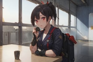 Zwei, 1girl, School Girl, Red Eyes, Short Ponytail black Hair, Red Ribbon, Student Uniform Outfit, Uniform Short Skirt, Kneesock , Black Stocking, Armor Thick Boot , School Bag, Left Leg Bag, Funnel, Remote Weapon, Sit on the chair, in office room , documents on the table , panel section in each zone , Sunset Time, ((Best quality)), ((masterpiece)), 3D, HDR (High Dynamic Range),Ray Tracing, NVIDIA RTX, Super-Resolution, Unreal 5,Subsurface scattering, PBR Texturing, Post-processing, Anisotropic Filtering, Depth-of-field, Maximum clarity and sharpness, Multi-layered textures, Albedo and Specular maps, Surface shading, Accurate simulation of light-material interaction, Perfect proportions, Octane Render, Two-tone lighting, Wide aperture, Low ISO, White balance, Rule of thirds,8K RAW, Aura, masterpiece, best quality, Mysterious expression, magical effects like sparkles or energy, flowing robes or enchanting attire, mechanic creatures or mystical background, rim lighting, side lighting, cinematic light, ultra high res, 8k uhd, film grain, best shadow, delicate, RAW, light particles, detailed skin texture, detailed cloth texture, beautiful face, (masterpiece), best quality, expressive eyes, perfect face,