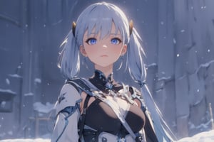 Jinhsi, 1girl, Solo, Long Silver Hair, Twin Tail Hairstyle , White Eyes, White Robe, Black Cloth, White Skirt, Long White boot, Blushing, Sit on the snow, Cow Boy Shot, Cold wind effect, old city zone, snow season, battle field, ((Best quality)), ((masterpiece)), 3D, HDR (High Dynamic Range),Ray Tracing, NVIDIA RTX, Super-Resolution, Unreal 5,Subsurface scattering, PBR Texturing, Post-processing, Anisotropic Filtering, Depth-of-field, Maximum clarity and sharpness, Multi-layered textures, Albedo and Specular maps, Surface shading, Accurate simulation of light-material interaction, Perfect proportions, Octane Render, Two-tone lighting, Wide aperture, Low ISO, White balance, Rule of thirds,8K RAW, Aura, masterpiece, best quality, Mysterious expression, magical effects like sparkles or energy, flowing robes or enchanting attire, mechanic creatures or mystical background, rim lighting, side lighting, cinematic light, ultra high res, 8k uhd, film grain, best shadow, delicate, RAW, light particles, detailed skin texture, detailed cloth texture, beautiful face, (masterpiece), best quality, expressive eyes, perfect face,