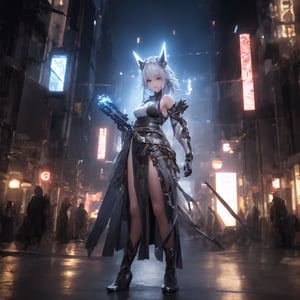 an alone mature girl, long red slice gray hair style, yellow eye, standing, china city, night time, high detail mature face, headgear,bare shoulder, china dress, white glove, black boot, black stocking, high res, ultra sharp, 8k, masterpiece, smiling, weapon, fantasy world, magical radiance background ((Best quality)), ((masterpiece)), 3D, HDR (High Dynamic Range),Ray Tracing, NVIDIA RTX, Super-Resolution, Unreal 5,Subsurface scattering, PBR Texturing, Post-processing, Anisotropic Filtering, Depth-of-field, Maximum clarity and sharpness, Multi-layered textures, Albedo and Specular maps, Surface shading, Accurate simulation of light-material interaction, Perfect proportions, Octane Render, Two-tone lighting, Wide aperture, Low ISO, White balance, Rule of thirds,8K RAW, Aura, masterpiece, best quality, Mysterious expression, magical effects like sparkles or energy, flowing robes or enchanting attire, mechanic creatures or mystical background, rim lighting, side lighting, cinematic light, ultra high res, 8k uhd, film grain, best shadow, delicate, RAW, light particles, detailed skin texture, detailed cloth texture, beautiful face, (masterpiece), best quality, expressive eyes, perfect face,1 girl