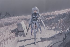 Jinhsi, 1girl, Solo, Long Silver Hair, Twin Tail Hairstyle , White Eyes, White Robe, Black Cloth, White Skirt, Long White boot, Blushing, walking, Cold wind effect, old city zone, snow season, battle field, ((Best quality)), ((masterpiece)), 3D, HDR (High Dynamic Range),Ray Tracing, NVIDIA RTX, Super-Resolution, Unreal 5,Subsurface scattering, PBR Texturing, Post-processing, Anisotropic Filtering, Depth-of-field, Maximum clarity and sharpness, Multi-layered textures, Albedo and Specular maps, Surface shading, Accurate simulation of light-material interaction, Perfect proportions, Octane Render, Two-tone lighting, Wide aperture, Low ISO, White balance, Rule of thirds,8K RAW, Aura, masterpiece, best quality, Mysterious expression, magical effects like sparkles or energy, flowing robes or enchanting attire, mechanic creatures or mystical background, rim lighting, side lighting, cinematic light, ultra high res, 8k uhd, film grain, best shadow, delicate, RAW, light particles, detailed skin texture, detailed cloth texture, beautiful face, (masterpiece), best quality, expressive eyes, perfect face,