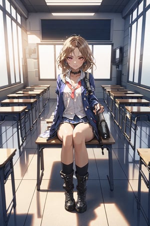 1girl, School Girl, Red Eyes, Long Dark Blond Hair, Black Collar, Earring, Loose White Shirt , Loose Violet Jacket , Red Necktie, Uniform Short Skirt, Kneesock , Black Thick Boot , School Bag, Left Leg Bag, Funnel, Remote Weapon, Sitting on student table among school girls, School Class Room, Sunset time, at School, ((Best quality)), ((masterpiece)), 3D, HDR (High Dynamic Range),Ray Tracing, NVIDIA RTX, Super-Resolution, Unreal 5,Subsurface scattering, PBR Texturing, Post-processing, Anisotropic Filtering, Depth-of-field, Maximum clarity and sharpness, Multi-layered textures, Albedo and Specular maps, Surface shading, Accurate simulation of light-material interaction, Perfect proportions, Octane Render, Two-tone lighting, Wide aperture, Low ISO, White balance, Rule of thirds,8K RAW, Aura, masterpiece, best quality, Mysterious expression, magical effects like sparkles or energy, flowing robes or enchanting attire, mechanic creatures or mystical background, rim lighting, side lighting, cinematic light, ultra high res, 8k uhd, film grain, best shadow, delicate, RAW, light particles, detailed skin texture, detailed cloth texture, beautiful face, (masterpiece), best quality, expressive eyes, perfect face,