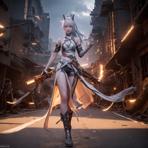 an alone mature girl, long red slice gray hair style, yellow eye, standing, china city, night time, high detail mature face, headgear,bare shoulder, china dress, white glove, black boot, black stocking, high res, ultra sharp, 8k, masterpiece, smiling, gun, fantasy world, magical radiance background ((Best quality)), ((masterpiece)), 3D, HDR (High Dynamic Range),Ray Tracing, NVIDIA RTX, Super-Resolution, Unreal 5,Subsurface scattering, PBR Texturing, Post-processing, Anisotropic Filtering, Depth-of-field, Maximum clarity and sharpness, Multi-layered textures, Albedo and Specular maps, Surface shading, Accurate simulation of light-material interaction, Perfect proportions, Octane Render, Two-tone lighting, Wide aperture, Low ISO, White balance, Rule of thirds,8K RAW, Aura, masterpiece, best quality, Mysterious expression, magical effects like sparkles or energy, flowing robes or enchanting attire, mechanic creatures or mystical background, rim lighting, side lighting, cinematic light, ultra high res, 8k uhd, film grain, best shadow, delicate, RAW, light particles, detailed skin texture, detailed cloth texture, beautiful face, (masterpiece), best quality, expressive eyes, perfect face,1 girl,alpha