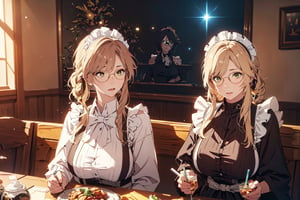 1 girl, Ade, Waist Long Blond Hair, Green Eyes, Glasses, Maid Headband, Black Maid dress with white apron, sitting on dining table, large variety of food and drink on the table, Sexy Pose, High Class Restaurant, ((Best quality)), ((masterpiece)), 3D, HDR (High Dynamic Range),Ray Tracing, NVIDIA RTX, Super-Resolution, Unreal 5,Subsurface scattering, PBR Texturing, Post-processing, Anisotropic Filtering, Depth-of-field, Maximum clarity and sharpness, Multi-layered textures, Albedo and Specular maps, Surface shading, Accurate simulation of light-material interaction, Perfect proportions, Octane Render, Two-tone lighting, Wide aperture, Low ISO, White balance, Rule of thirds,8K RAW, Aura, masterpiece, best quality, Mysterious expression, magical effects like sparkles or energy, flowing robes or enchanting attire, mechanic creatures or mystical background, rim lighting, side lighting, cinematic light, ultra high res, 8k uhd, film grain, best shadow, delicate, RAW, light particles, detailed skin texture, detailed cloth texture, beautiful face, (masterpiece), best quality, expressive eyes, perfect face,nikkeredhood,hair over one eye,marian,Scarlet (nikke),hellsparadise style,fuyumi,ludmilla,yellow eyes