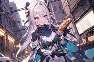 1 girl, long bread hair, blond hair color, blue eye,  black glove, sci-fi, outside, 8k, high res, , High detailed ,phRem,phyami,long hair