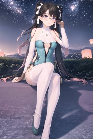 1girl, Zhenzhi, Black Hair, Long Twintail hairstyle, Twin White Ribbon on Hair ,Glasses, Pink Eyes, Chinese Dress, Bare shoulder, white Arm lenght skintight , More detail , glitter, highres, shiny ,gloves ,Fullbody white leg stocking, black shoe ,  sit on the floor with legs tucked back to one side on grass, Crowd peple as background , Mountain Range , Slope Area , Event Festival, Lantern , Kongming Latern , Sky lantern festival, Old Chinese Building ,Night Time , Full Moon Sky , ((Best quality)), ((masterpiece)), 3D, HDR (High Dynamic Range),Ray Tracing, NVIDIA RTX, Super-Resolution, Unreal 5,Subsurface scattering, PBR Texturing, Post-processing, Anisotropic Filtering, Depth-of-field, Maximum clarity and sharpness, Multi-layered textures, Albedo and Specular maps, Surface shading, Accurate simulation of light-material interaction, Perfect proportions, Octane Render, Two-tone lighting, Wide aperture, Low ISO, White balance, Rule of thirds,8K RAW, Aura, masterpiece, best quality, Mysterious expression, magical effects like sparkles or energy, flowing robes or enchanting attire, mechanic creatures or mystical background, rim lighting, side lighting, cinematic light, ultra high res, 8k uhd, film grain, best shadow, delicate, RAW, light particles, detailed skin texture, detailed cloth texture, beautiful face, (masterpiece), best quality, expressive eyes, perfect face,