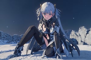 Jinhsi, 1girl, Solo, Long Silver Hair, Twin Tail Hairstyle , White Eyes, Chinese Cloth, Blushing, lie down on the snow, Cow Boy Shot, split leg, Cold wind effect, old city zone, snow season, battle field, ((Best quality)), ((masterpiece)), 3D, HDR (High Dynamic Range),Ray Tracing, NVIDIA RTX, Super-Resolution, Unreal 5,Subsurface scattering, PBR Texturing, Post-processing, Anisotropic Filtering, Depth-of-field, Maximum clarity and sharpness, Multi-layered textures, Albedo and Specular maps, Surface shading, Accurate simulation of light-material interaction, Perfect proportions, Octane Render, Two-tone lighting, Wide aperture, Low ISO, White balance, Rule of thirds,8K RAW, Aura, masterpiece, best quality, Mysterious expression, magical effects like sparkles or energy, flowing robes or enchanting attire, mechanic creatures or mystical background, rim lighting, side lighting, cinematic light, ultra high res, 8k uhd, film grain, best shadow, delicate, RAW, light particles, detailed skin texture, detailed cloth texture, beautiful face, (masterpiece), best quality, expressive eyes, perfect face,