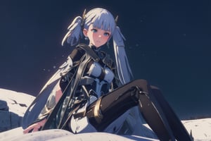 Jinhsi, 1girl, Solo, Long Silver Hair, Twin Tail Hairstyle , White Eyes, Chinese Cloth, Blushing, lie down on the snow, Cow Boy Shot, split leg, Cold wind effect, old city zone, snow season, battle field, ((Best quality)), ((masterpiece)), 3D, HDR (High Dynamic Range),Ray Tracing, NVIDIA RTX, Super-Resolution, Unreal 5,Subsurface scattering, PBR Texturing, Post-processing, Anisotropic Filtering, Depth-of-field, Maximum clarity and sharpness, Multi-layered textures, Albedo and Specular maps, Surface shading, Accurate simulation of light-material interaction, Perfect proportions, Octane Render, Two-tone lighting, Wide aperture, Low ISO, White balance, Rule of thirds,8K RAW, Aura, masterpiece, best quality, Mysterious expression, magical effects like sparkles or energy, flowing robes or enchanting attire, mechanic creatures or mystical background, rim lighting, side lighting, cinematic light, ultra high res, 8k uhd, film grain, best shadow, delicate, RAW, light particles, detailed skin texture, detailed cloth texture, beautiful face, (masterpiece), best quality, expressive eyes, perfect face,