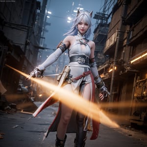 an alone mature girl, long red slice gray hair style, yellow eye, standing, china city, night time, high detail mature face, headgear,bare shoulder, china dress, white glove, black boot, black stocking, high res, ultra sharp, 8k, masterpiece, smiling, gun, fantasy world, magical radiance background ((Best quality)), ((masterpiece)), 3D, HDR (High Dynamic Range),Ray Tracing, NVIDIA RTX, Super-Resolution, Unreal 5,Subsurface scattering, PBR Texturing, Post-processing, Anisotropic Filtering, Depth-of-field, Maximum clarity and sharpness, Multi-layered textures, Albedo and Specular maps, Surface shading, Accurate simulation of light-material interaction, Perfect proportions, Octane Render, Two-tone lighting, Wide aperture, Low ISO, White balance, Rule of thirds,8K RAW, Aura, masterpiece, best quality, Mysterious expression, magical effects like sparkles or energy, flowing robes or enchanting attire, mechanic creatures or mystical background, rim lighting, side lighting, cinematic light, ultra high res, 8k uhd, film grain, best shadow, delicate, RAW, light particles, detailed skin texture, detailed cloth texture, beautiful face, (masterpiece), best quality, expressive eyes, perfect face,1 girl,alpha