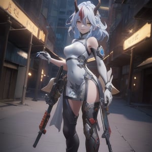 an alone mature girl with long red color slice gray hair , yellow eye, standing, china city , night time, High detail mature face, 2 short mechanic horn , iron mask, bare leg, bare shoulder, white china dress, white glove, black boot, high res, ultra sharp, 8k, masterpiece, smiling, weapon, fantasy world, magical radiance background ((Best quality)), ((masterpiece)), 3D, HDR (High Dynamic Range),Ray Tracing, NVIDIA RTX, Super-Resolution, Unreal 5,Subsurface scattering, PBR Texturing, Post-processing, Anisotropic Filtering, Depth-of-field, Maximum clarity and sharpness, Multi-layered textures, Albedo and Specular maps, Surface shading, Accurate simulation of light-material interaction, Perfect proportions, Octane Render, Two-tone lighting, Wide aperture, Low ISO, White balance, Rule of thirds,8K RAW, Aura, masterpiece, best quality, Mysterious expression, magical effects like sparkles or energy, flowing robes or enchanting attire, mechanic creatures or mystical background, rim lighting, side lighting, cinematic light, ultra high res, 8k uhd, film grain, best shadow, delicate, RAW, light particles, detailed skin texture, detailed cloth texture, beautiful face, (masterpiece), best quality, expressive eyes, perfect face,mecha musume