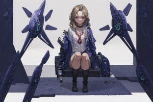 1girl, School Girl, Red Eyes, Detailed Face, Long Dark Blond Hair, Black Collar, Earring, Loose White Shirt , Loose Violet Jacket , Red Necktie, Uniform Short Skirt, Kneesock , Black Thick Boot , School Bag, Left Leg Bag, Funnel, Remote Weapon, Sitting on table, School Class Room, Sunset, Dawn, ((Best quality)), ((masterpiece)), 3D, HDR (High Dynamic Range),Ray Tracing, NVIDIA RTX, Super-Resolution, Unreal 5,Subsurface scattering, PBR Texturing, Post-processing, Anisotropic Filtering, Depth-of-field, Maximum clarity and sharpness, Multi-layered textures, Albedo and Specular maps, Surface shading, Accurate simulation of light-material interaction, Perfect proportions, Octane Render, Two-tone lighting, Wide aperture, Low ISO, White balance, Rule of thirds,8K RAW, Aura, masterpiece, best quality, Mysterious expression, magical effects like sparkles or energy, flowing robes or enchanting attire, mechanic creatures or mystical background, rim lighting, side lighting, cinematic light, ultra high res, 8k uhd, film grain, best shadow, delicate, RAW, light particles, detailed skin texture, detailed cloth texture, beautiful face, (masterpiece), best quality, expressive eyes, perfect face,