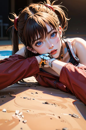 Asuka, 1girl, Blue Eyes, Red Skinsuit, lie down on the ground , beach side, near sea , resort in tropical island, ((Best quality)), ((masterpiece)), 3D, HDR (High Dynamic Range),Ray Tracing, NVIDIA RTX, Super-Resolution, Unreal 5,Subsurface scattering, PBR Texturing, Post-processing, Anisotropic Filtering, Depth-of-field, Maximum clarity and sharpness, Multi-layered textures, Albedo and Specular maps, Surface shading, Accurate simulation of light-material interaction, Perfect proportions, Octane Render, Two-tone lighting, Wide aperture, Low ISO, White balance, Rule of thirds,8K RAW, Aura, masterpiece, best quality, Mysterious expression, magical effects like sparkles or energy, flowing robes or enchanting attire, mechanic creatures or mystical background, rim lighting, side lighting, cinematic light, ultra high res, 8k uhd, film grain, best shadow, delicate, RAW, light particles, detailed skin texture, detailed cloth texture, beautiful face, (masterpiece), best quality, expressive eyes, perfect face,Meilin,Seo Jiwoo,firefly \(honkai: star rail\)