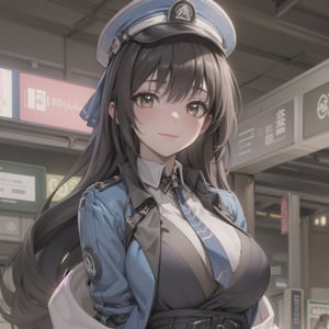 A mature waist long loose drak brown Hair style Girl with heavy machine gun , lovely smile, straw berry loli pop, blue cap, Blue jacket shirt, blue necktie, white shirt, white skirt, white panty, Heavy Gun, Railway, Train Station, ((Best quality)), ((masterpiece)), 3D, HDR (High Dynamic Range),Ray Tracing, NVIDIA RTX, Super-Resolution, Unreal 5,Subsurface scattering, PBR Texturing, Post-processing, Anisotropic Filtering, Depth-of-field, Maximum clarity and sharpness, Multi-layered textures, Albedo and Specular maps, Surface shading, Accurate simulation of light-material interaction, Perfect proportions, Octane Render, Two-tone lighting, Wide aperture, Low ISO, White balance, Rule of thirds,8K RAW, Aura, masterpiece, best quality, Mysterious expression, magical effects like sparkles or energy, flowing robes or enchanting attire, mechanic creatures or mystical background, rim lighting, side lighting, cinematic light, ultra high res, 8k uhd, film grain, best shadow, delicate, RAW, light particles, detailed skin texture, detailed cloth texture, beautiful face, (masterpiece), best quality, expressive eyes, perfect face,Mechanical_tentacles,momo_burlesque,diesel \(nikke\)