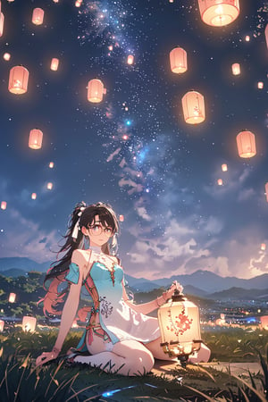 1girl, Zhenzhi, Black Hair, Long Twintail hairstyle, Twin White Ribbon on Hair ,Glasses, Pink Eyes, Chinese Dress, Bare shoulder, white Arm lenght skintight , More detail , glitter, highres, shiny ,gloves ,Fullbody white leg stocking, black shoe ,  sit on the floor with legs tucked back to one side on grass, Crowd peple as background , Mountain Range , Slope Area , Event Festival, Lantern , Kongming Latern , Sky lantern festival, Old Chinese Building ,Night Time , Full Moon Sky , ((Best quality)), ((masterpiece)), 3D, HDR (High Dynamic Range),Ray Tracing, NVIDIA RTX, Super-Resolution, Unreal 5,Subsurface scattering, PBR Texturing, Post-processing, Anisotropic Filtering, Depth-of-field, Maximum clarity and sharpness, Multi-layered textures, Albedo and Specular maps, Surface shading, Accurate simulation of light-material interaction, Perfect proportions, Octane Render, Two-tone lighting, Wide aperture, Low ISO, White balance, Rule of thirds,8K RAW, Aura, masterpiece, best quality, Mysterious expression, magical effects like sparkles or energy, flowing robes or enchanting attire, mechanic creatures or mystical background, rim lighting, side lighting, cinematic light, ultra high res, 8k uhd, film grain, best shadow, delicate, RAW, light particles, detailed skin texture, detailed cloth texture, beautiful face, (masterpiece), best quality, expressive eyes, perfect face,