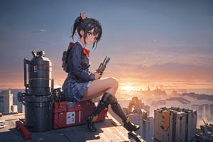 1girl, School Girl, Red Eyes, Short Ponytail black Hair, Red Ribbon, Student Uniform Outfit, Uniform Short Skirt, Kneesock , Black Stocking, Armor Thick Boot , School Bag, Left Leg Bag, Funnel, Remote Weapon, Sit on the water tank on the roof top of building, look beyond the sky , massive sky building in the background , Sunset Time, ((Best quality)), ((masterpiece)), 3D, HDR (High Dynamic Range),Ray Tracing, NVIDIA RTX, Super-Resolution, Unreal 5,Subsurface scattering, PBR Texturing, Post-processing, Anisotropic Filtering, Depth-of-field, Maximum clarity and sharpness, Multi-layered textures, Albedo and Specular maps, Surface shading, Accurate simulation of light-material interaction, Perfect proportions, Octane Render, Two-tone lighting, Wide aperture, Low ISO, White balance, Rule of thirds,8K RAW, Aura, masterpiece, best quality, Mysterious expression, magical effects like sparkles or energy, flowing robes or enchanting attire, mechanic creatures or mystical background, rim lighting, side lighting, cinematic light, ultra high res, 8k uhd, film grain, best shadow, delicate, RAW, light particles, detailed skin texture, detailed cloth texture, beautiful face, (masterpiece), best quality, expressive eyes, perfect face,