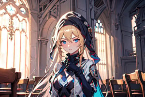 1 girl, long bread hair, blond hair color, blue eye,  black glove, church room, outside, 8k, high res, , High detailed ,phRem,phyami,long hair