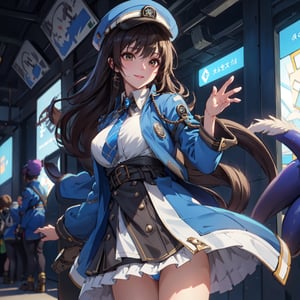 A mature waist long loose drak brown Hair style Girl with heavy machine gun , lovely smile, straw berry loli pop, blue cap, Blue jacket shirt, blue necktie, white shirt, white skirt, white panty, Heavy Gun, Railway, Train Station, ((Best quality)), ((masterpiece)), 3D, HDR (High Dynamic Range),Ray Tracing, NVIDIA RTX, Super-Resolution, Unreal 5,Subsurface scattering, PBR Texturing, Post-processing, Anisotropic Filtering, Depth-of-field, Maximum clarity and sharpness, Multi-layered textures, Albedo and Specular maps, Surface shading, Accurate simulation of light-material interaction, Perfect proportions, Octane Render, Two-tone lighting, Wide aperture, Low ISO, White balance, Rule of thirds,8K RAW, Aura, masterpiece, best quality, Mysterious expression, magical effects like sparkles or energy, flowing robes or enchanting attire, mechanic creatures or mystical background, rim lighting, side lighting, cinematic light, ultra high res, 8k uhd, film grain, best shadow, delicate, RAW, light particles, detailed skin texture, detailed cloth texture, beautiful face, (masterpiece), best quality, expressive eyes, perfect face,Mechanical_tentacles,momo_burlesque,diesel \(nikke\)