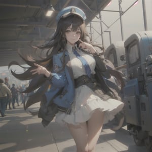 A mature waist long loose drak brown Hair style Girl with heavy machine gun , lovely smile, straw berry loli pop, blue cap, Blue jacket shirt, 5 finger, blue necktie, white shirt, white skirt, white panty, Heavy Gun, Railway, Train Station, ((Best quality)), ((masterpiece)), 3D, HDR (High Dynamic Range),Ray Tracing, NVIDIA RTX, Super-Resolution, Unreal 5,Subsurface scattering, PBR Texturing, Post-processing, Anisotropic Filtering, Depth-of-field, Maximum clarity and sharpness, Multi-layered textures, Albedo and Specular maps, Surface shading, Accurate simulation of light-material interaction, Perfect proportions, Octane Render, Two-tone lighting, Wide aperture, Low ISO, White balance, Rule of thirds,8K RAW, Aura, masterpiece, best quality, Mysterious expression, magical effects like sparkles or energy, flowing robes or enchanting attire, mechanic creatures or mystical background, rim lighting, side lighting, cinematic light, ultra high res, 8k uhd, film grain, best shadow, delicate, RAW, light particles, detailed skin texture, detailed cloth texture, beautiful face, (masterpiece), best quality, expressive eyes, perfect face,Mechanical_tentacles,momo_burlesque,diesel \(nikke\)