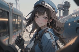 A mature waist long loose drak brown Hair style Girl with heavy machine gun , lovely smile, blue cap, Blue jacket shirt, blue necktie, white shirt, white skirt, white panty, Heavy Gun, Railway, Train Station, ((Best quality)), ((masterpiece)), 3D, HDR (High Dynamic Range),Ray Tracing, NVIDIA RTX, Super-Resolution, Unreal 5,Subsurface scattering, PBR Texturing, Post-processing, Anisotropic Filtering, Depth-of-field, Maximum clarity and sharpness, Multi-layered textures, Albedo and Specular maps, Surface shading, Accurate simulation of light-material interaction, Perfect proportions, Octane Render, Two-tone lighting, Wide aperture, Low ISO, White balance, Rule of thirds,8K RAW, Aura, masterpiece, best quality, Mysterious expression, magical effects like sparkles or energy, flowing robes or enchanting attire, mechanic creatures or mystical background, rim lighting, side lighting, cinematic light, ultra high res, 8k uhd, film grain, best shadow, delicate, RAW, light particles, detailed skin texture, detailed cloth texture, beautiful face, (masterpiece), best quality, expressive eyes, perfect face,Mechanical_tentacles,momo_burlesque,diesel \(nikke\)